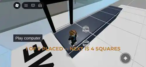 BunkerBattle running in Roblox with a player placing bunkers on a court