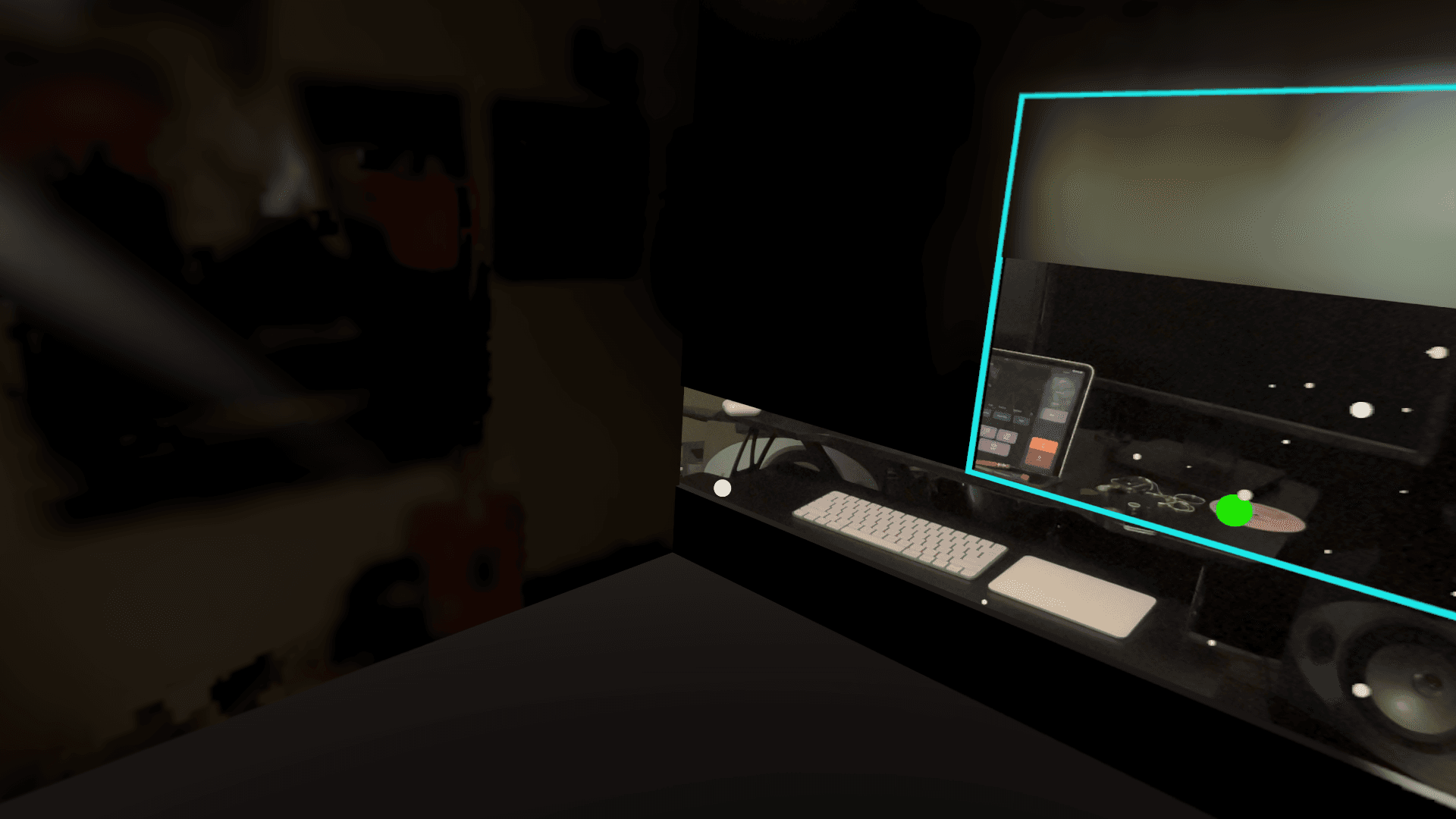 An anchored glass panel floating over the desk.